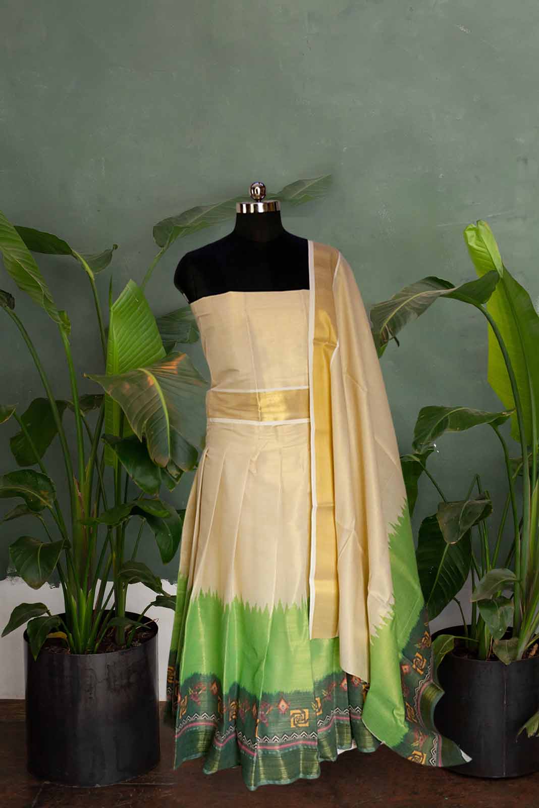 Tie & Dye Digital Print Kerala Tissue Dhavani Set (Green)