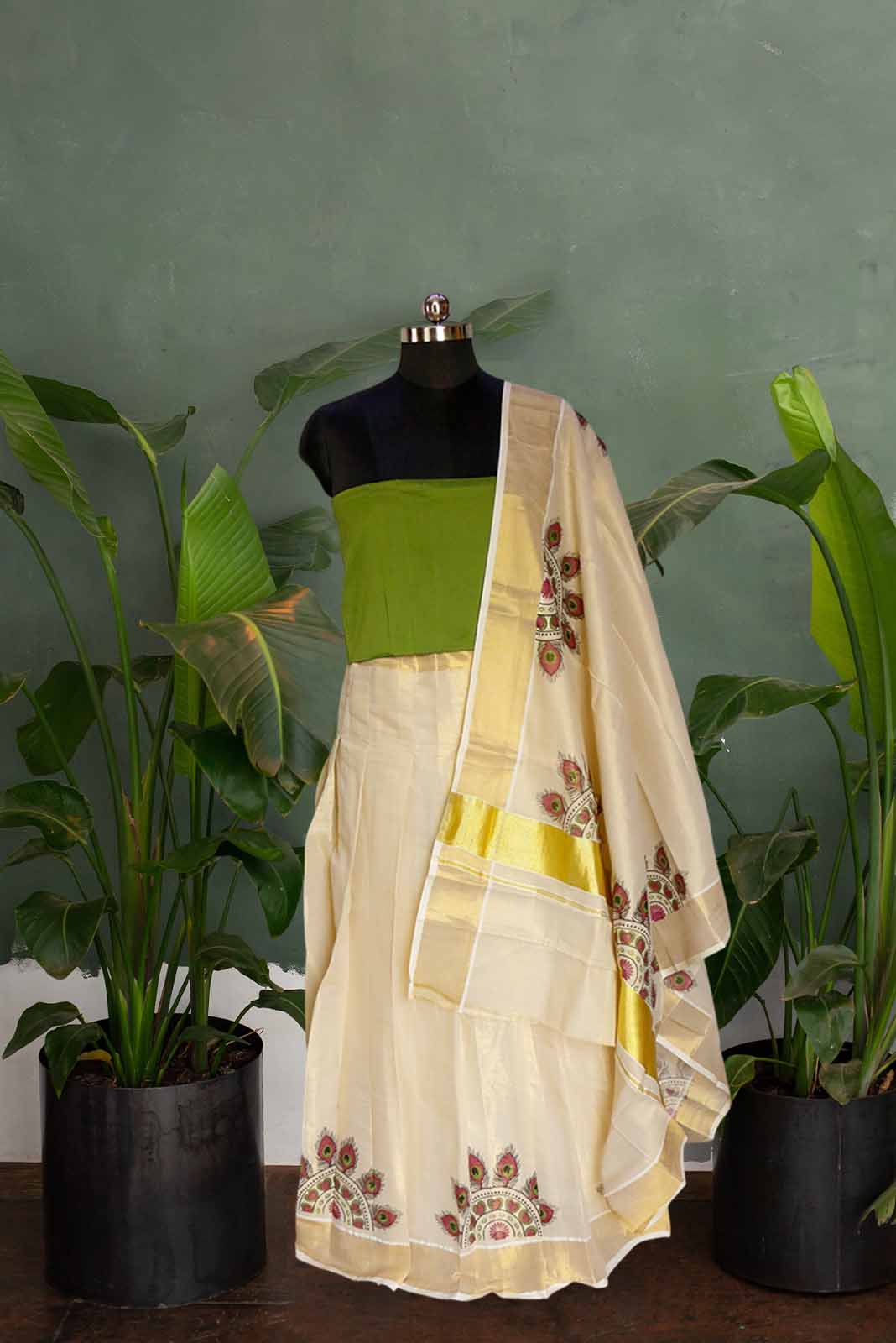 Peacock Feather Print Kerala Golden Tissue Dhavani Set