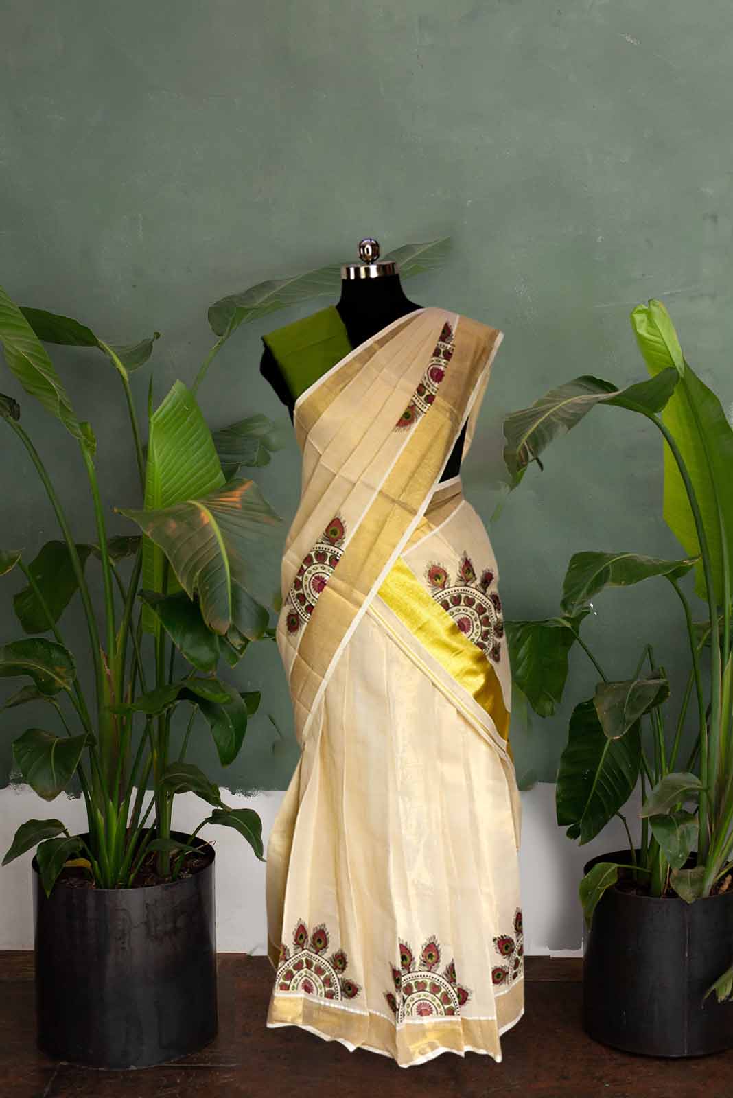 Peacock Feather Print Kerala Golden Tissue Dhavani Set
