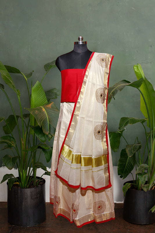 Mirror and Beads Embellished, Red Designer Kerala Tissue Kasavu Half Saree / Dhavani Set