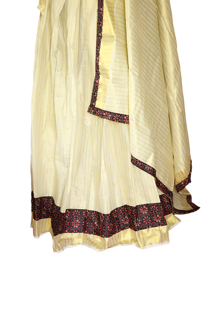 Ajrakh Bordered, Striped Kerala Tissue Kasavu Half Saree / Dhavani Set