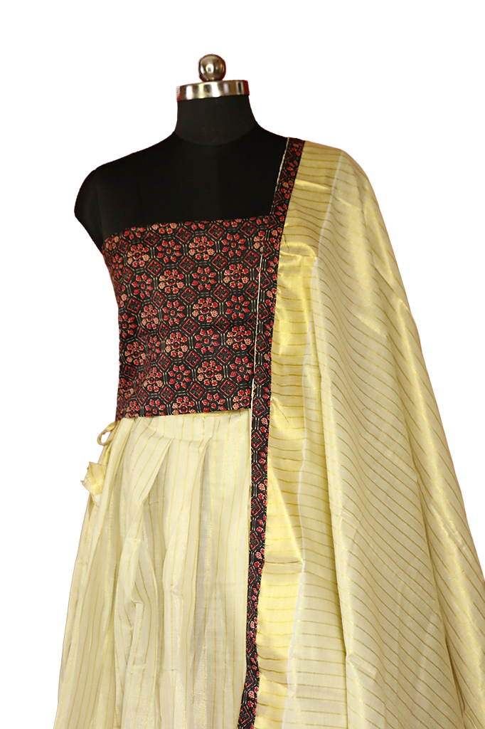 Ajrakh Bordered, Striped Kerala Tissue Kasavu Half Saree / Dhavani Set