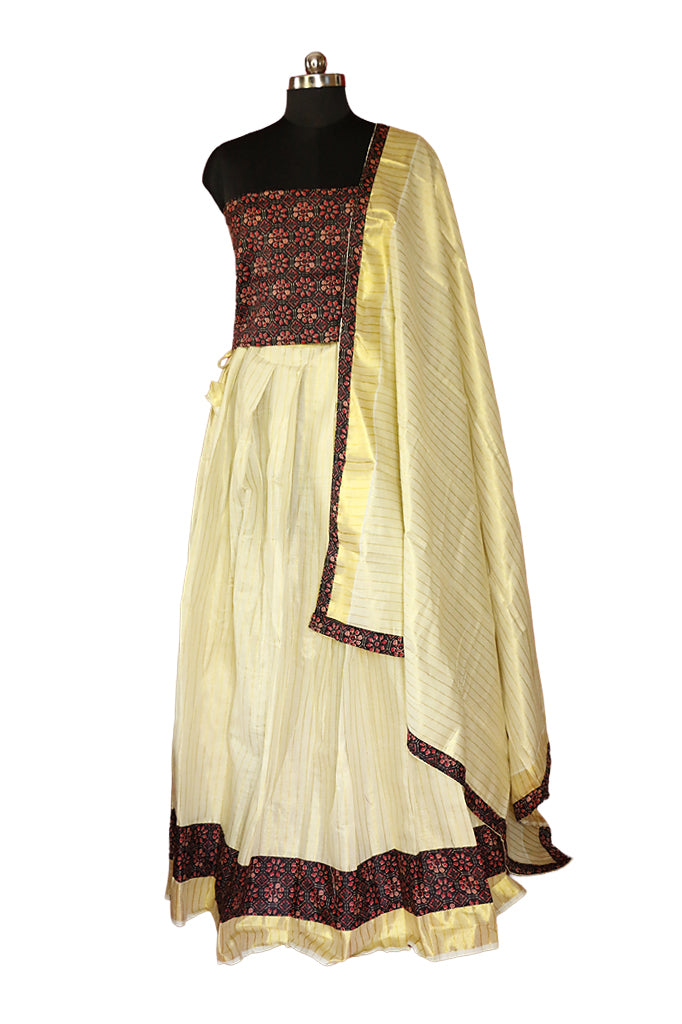 Ajrakh Bordered, Striped Kerala Tissue Kasavu Half Saree / Dhavani Set