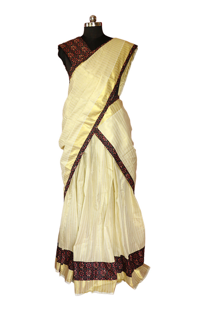 Ajrakh Bordered, Striped Kerala Tissue Kasavu Half Saree / Dhavani Set