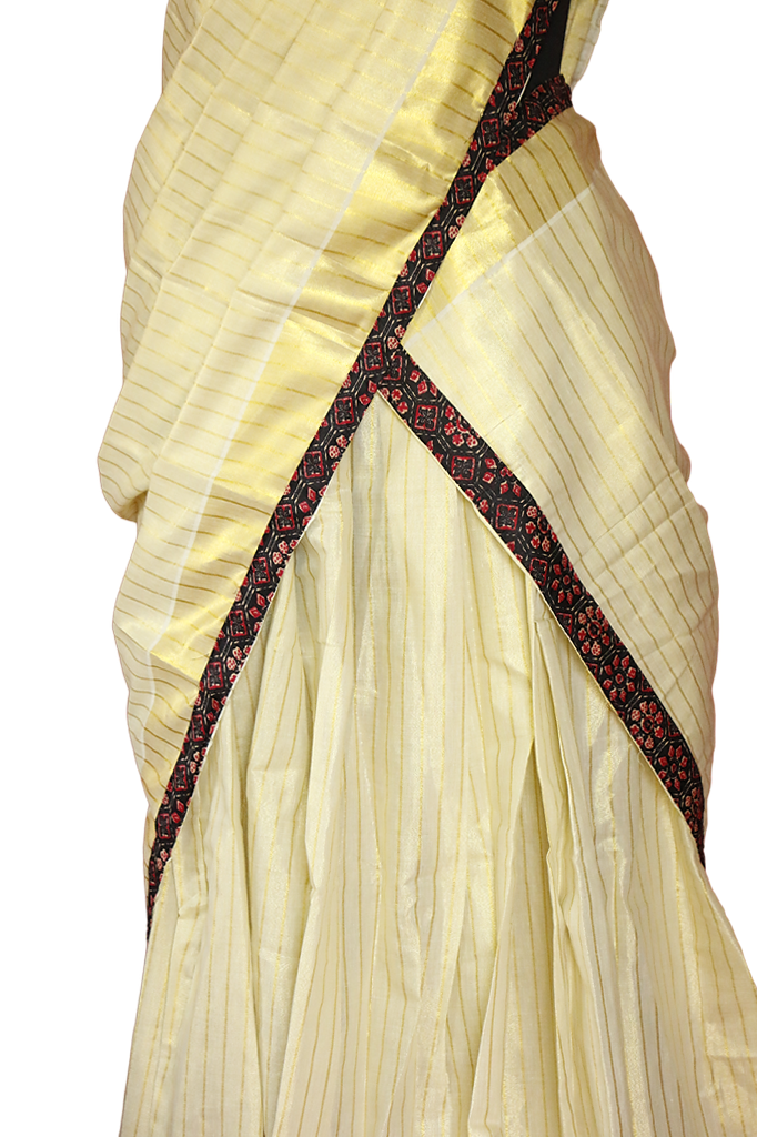 Ajrakh Bordered, Striped Kerala Tissue Kasavu Half Saree / Dhavani Set