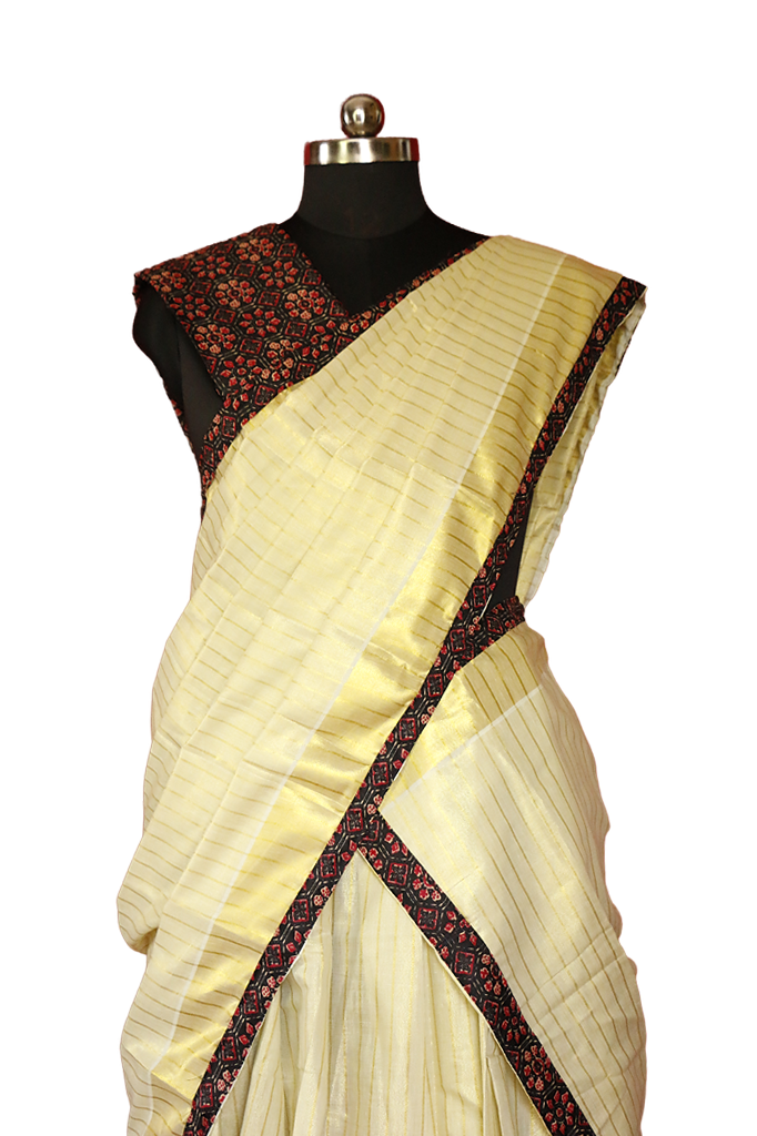 Ajrakh Bordered, Striped Kerala Tissue Kasavu Half Saree / Dhavani Set