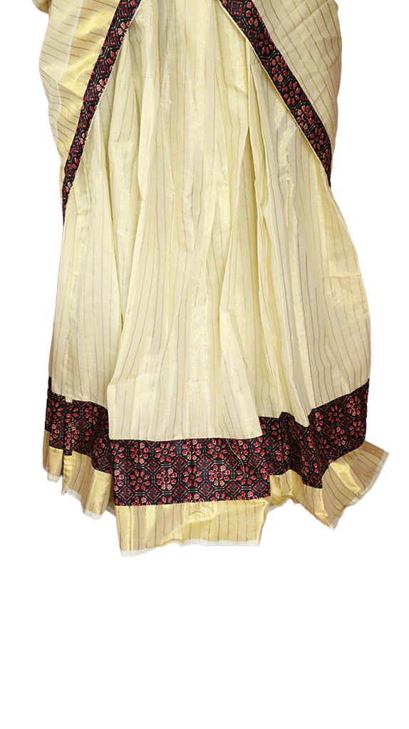 Ajrakh Bordered, Striped Kerala Tissue Kasavu Half Saree / Dhavani Set