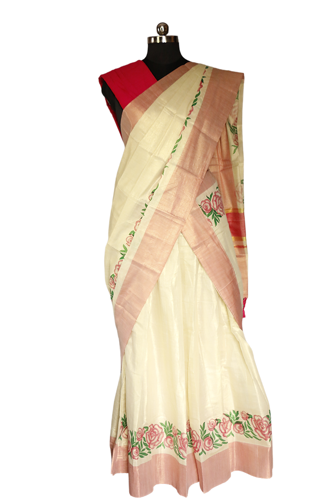 Pink and Green Floral Printed, Designer Kerala Tissue Kasavu Half Saree/Dhavani Set