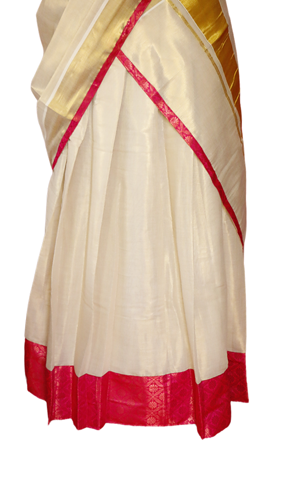 Pink Brocade bordered Kerala Tissue Kasavu Half Saree / Dhavani Set