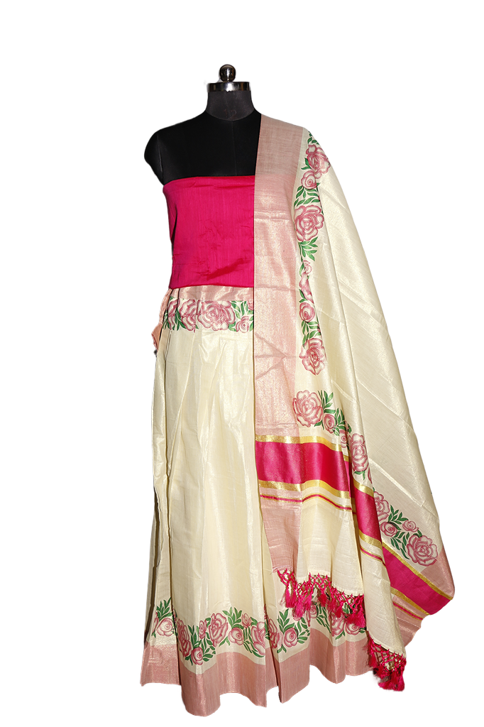 Pink and Green Floral Printed, Designer Kerala Tissue Kasavu Half Saree/Dhavani Set