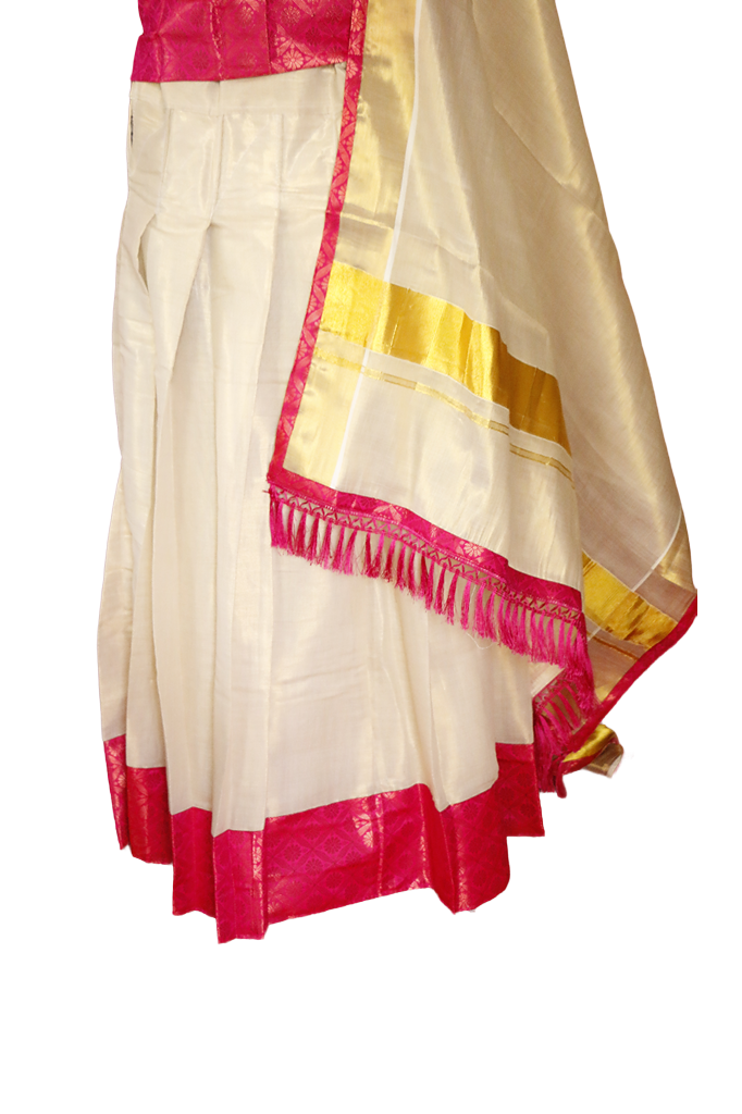 Pink Brocade bordered Kerala Tissue Kasavu Half Saree / Dhavani Set