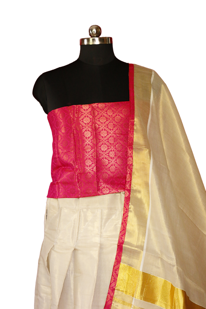 Pink Brocade bordered Kerala Tissue Kasavu Half Saree / Dhavani Set