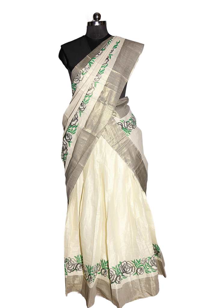 Black and Green Floral Printed, Designer Kerala Tissue Kasavu Half Saree/Dhavani Set