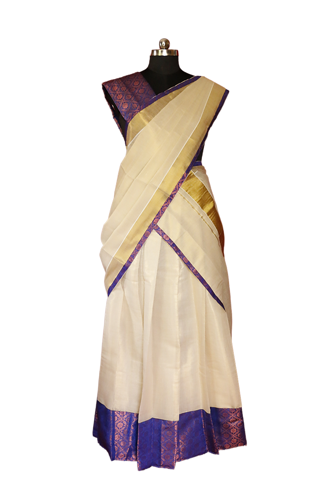 Violet Brocade bordered Kerala Tissue Kasavu Half Saree / Dhavani Set