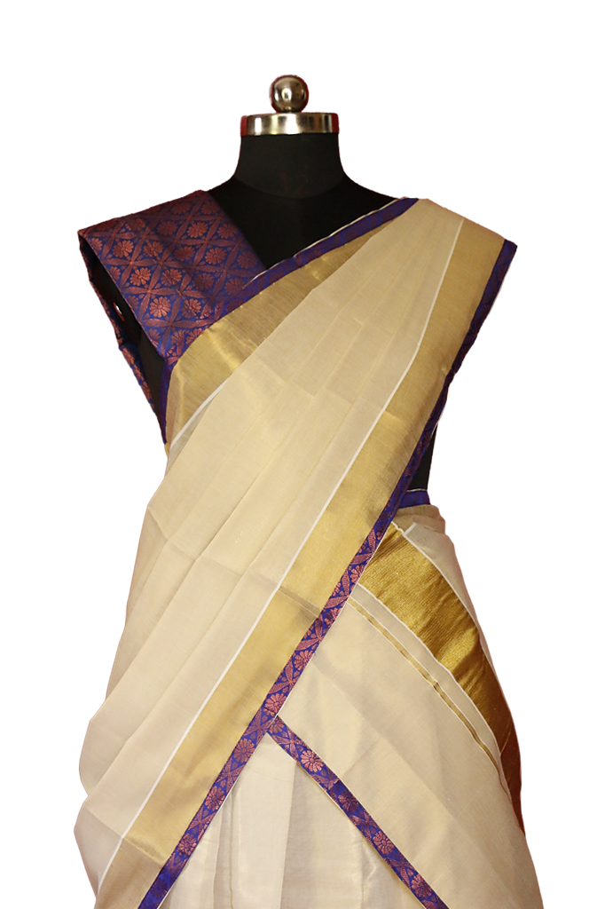 Violet Brocade bordered Kerala Tissue Kasavu Half Saree / Dhavani Set