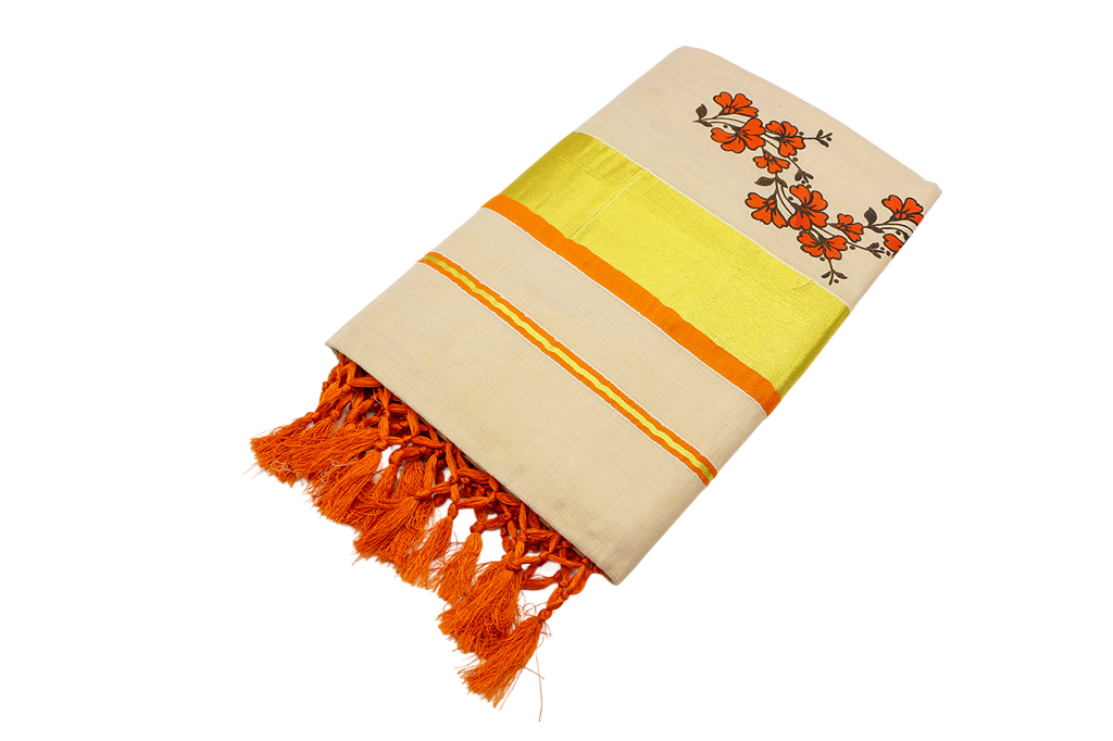 Orange Floral Mural Print Golden Tissue Saree