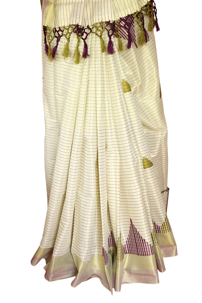 Olive Green and Violet Temple Designed, Color Striped Kerala Tissue Kasavu Saree