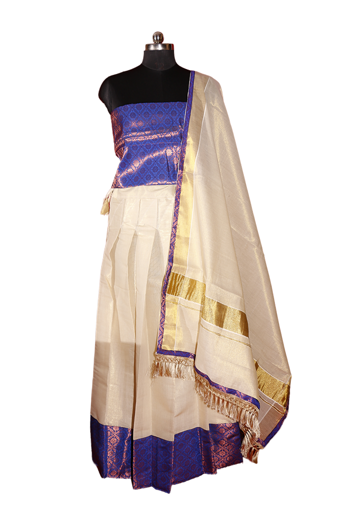 Violet Brocade bordered Kerala Tissue Kasavu Half Saree / Dhavani Set