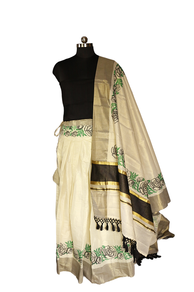 Black and Green Floral Printed, Designer Kerala Tissue Kasavu Half Saree/Dhavani Set