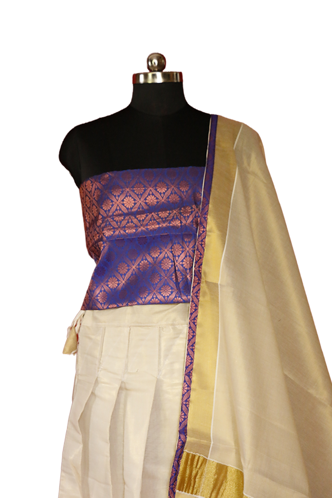 Violet Brocade bordered Kerala Tissue Kasavu Half Saree / Dhavani Set