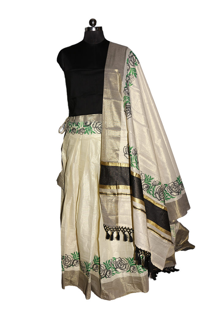 Black and Green Floral Printed, Designer Kerala Tissue Kasavu Half Saree/Dhavani Set