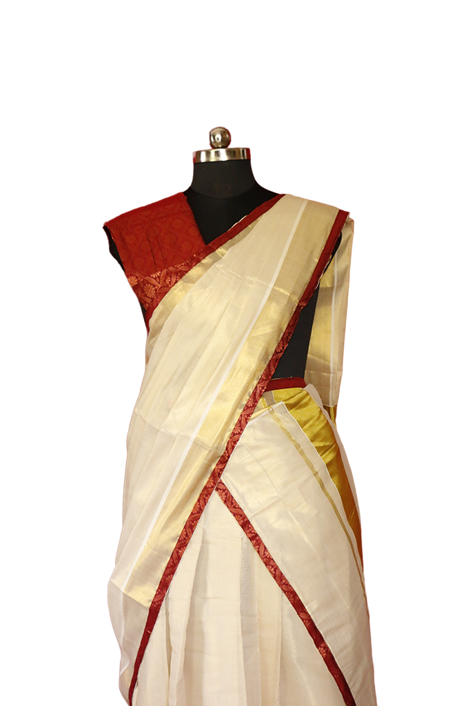 Maroon Brocade bordered Kerala Tissue Kasavu Half Saree / Dhavani Set