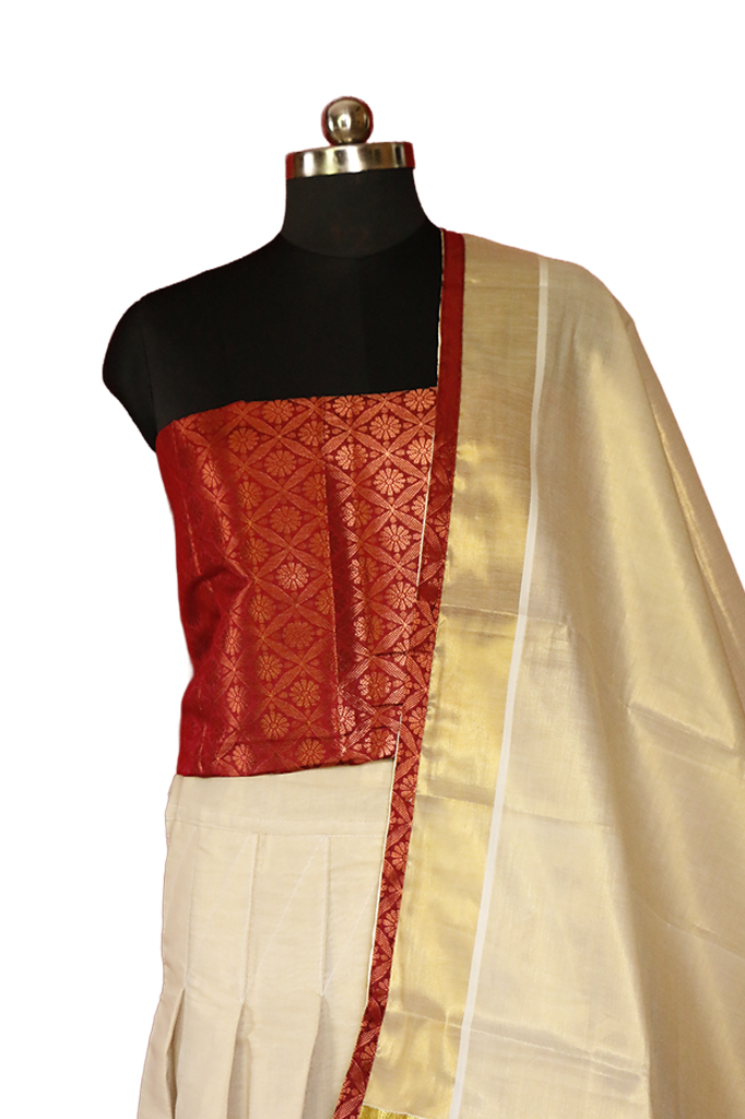 Maroon Brocade bordered Kerala Tissue Kasavu Half Saree / Dhavani Set