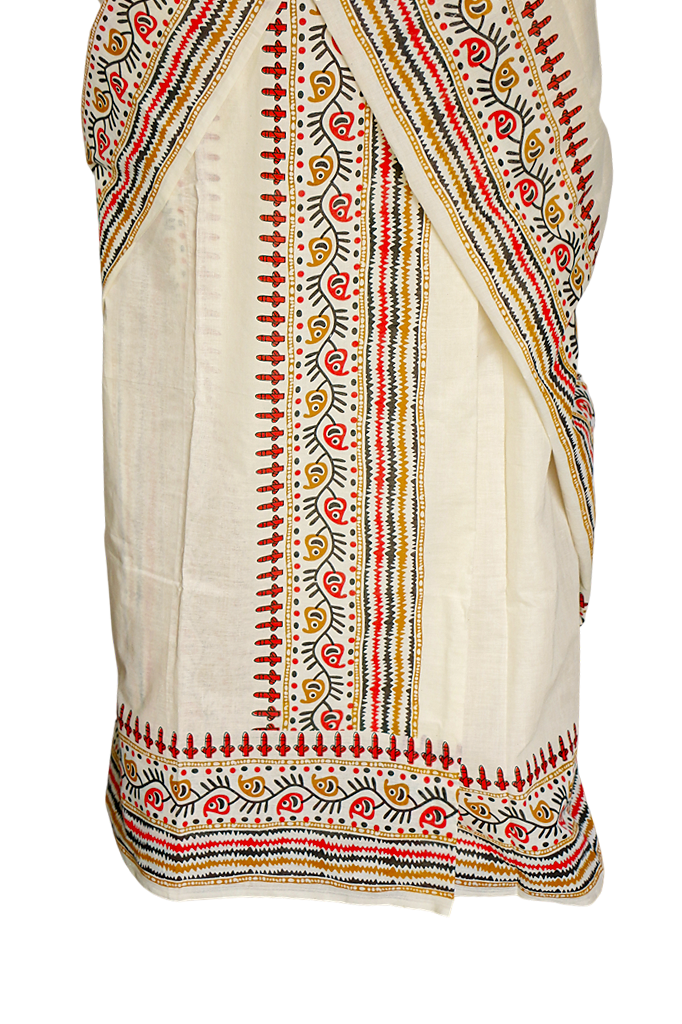 Traditional embroidered saree with a white background