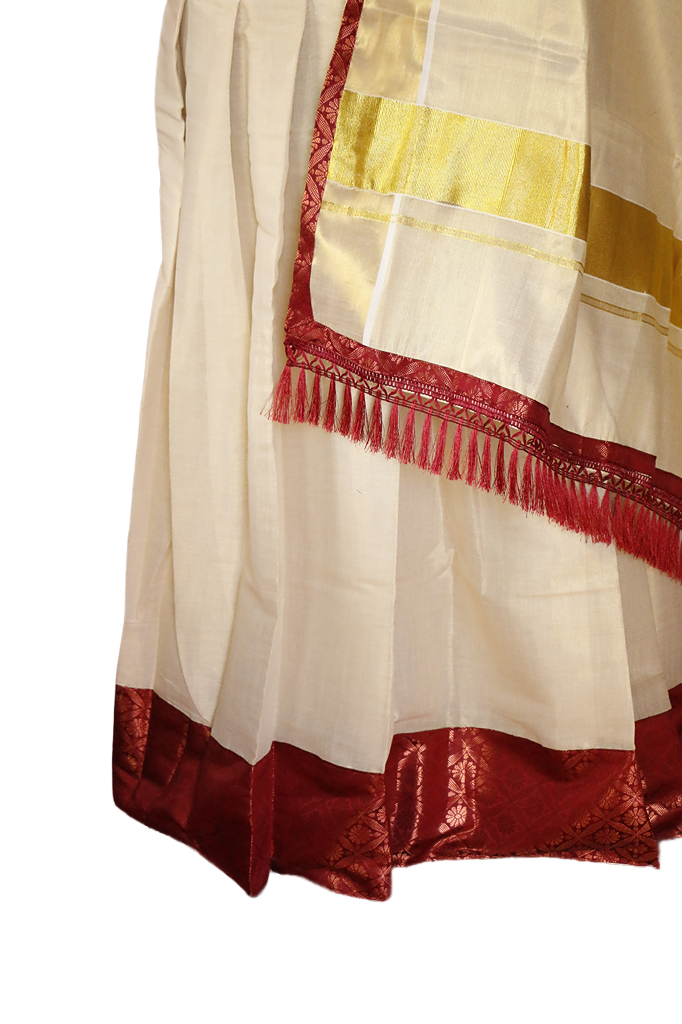 Maroon Brocade bordered Kerala Tissue Kasavu Half Saree / Dhavani Set