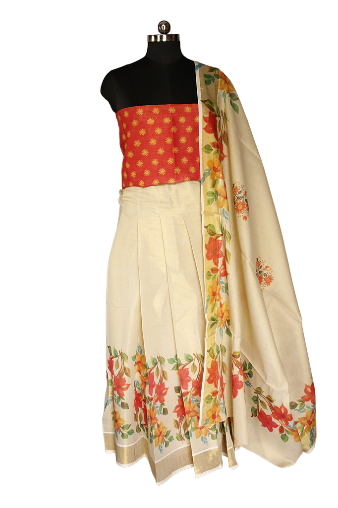 Multicolor Floral Printed , Designer Kerala Tissue Kasavu Half Saree / Dhavani Set