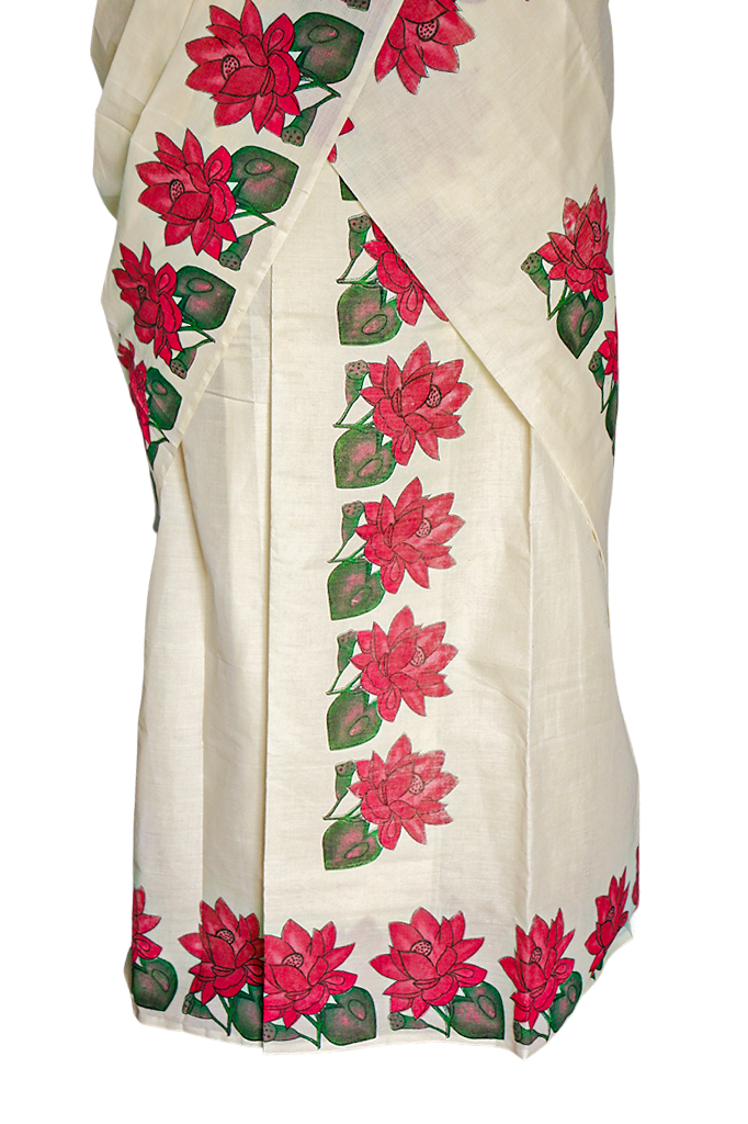 White saree with red floral patterns on a white background