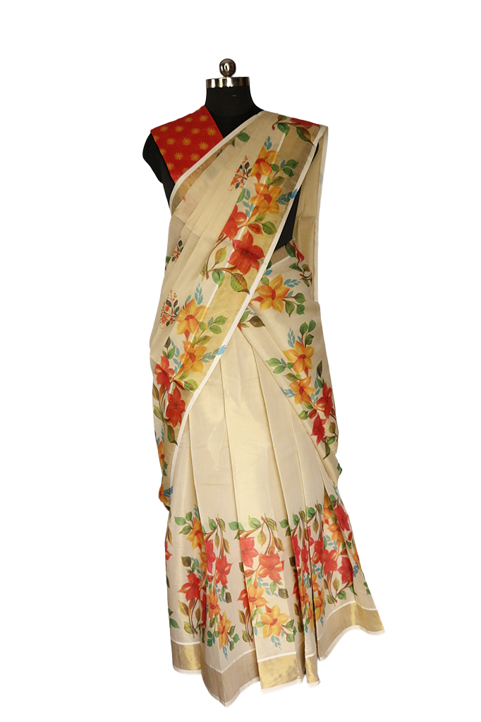 Multicolor Floral Printed , Designer Kerala Tissue Kasavu Half Saree / Dhavani Set