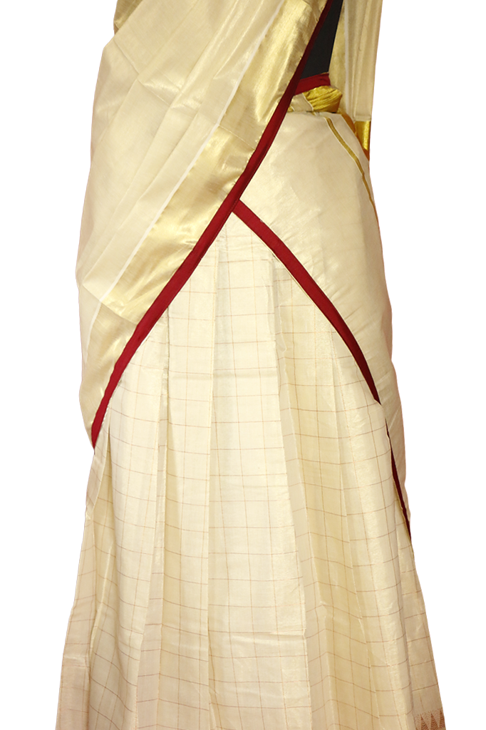 Checked Copper with Maroon Bordered Kerala Tissue Kasavu Half Saree / Dhavani Set