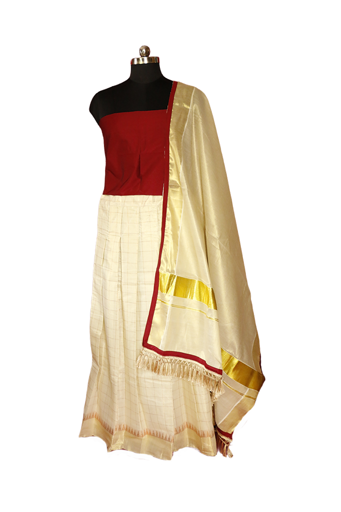 Checked Copper with Maroon Bordered Kerala Tissue Kasavu Half Saree / Dhavani Set