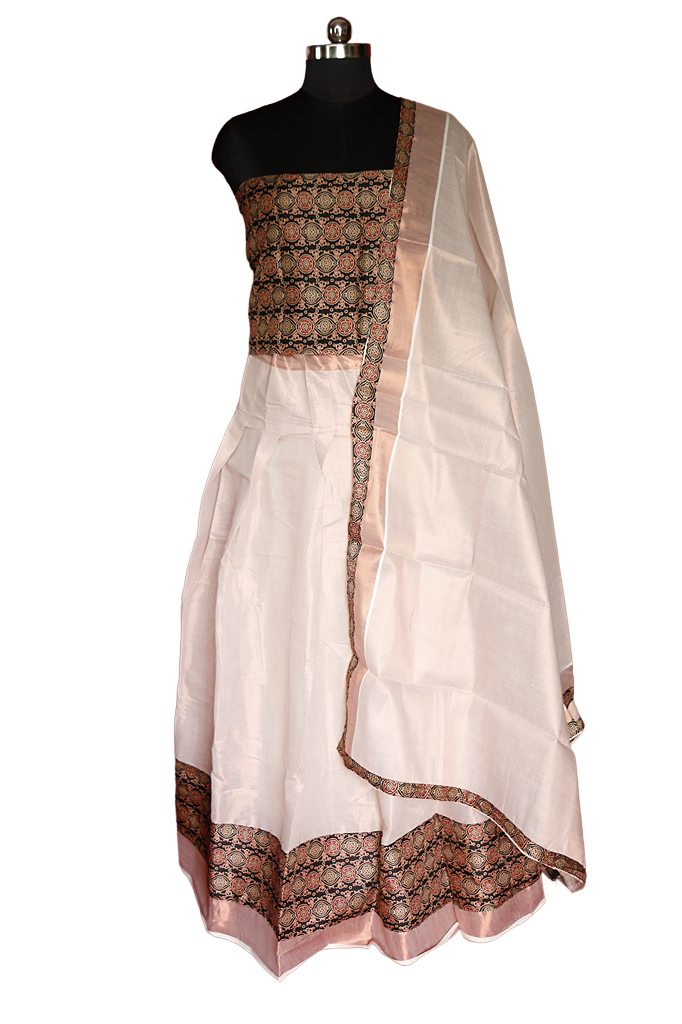 Ajrakh  Bordered Designed Kerala Copper Tissue Kasavu Half Saree/Dhavani Set