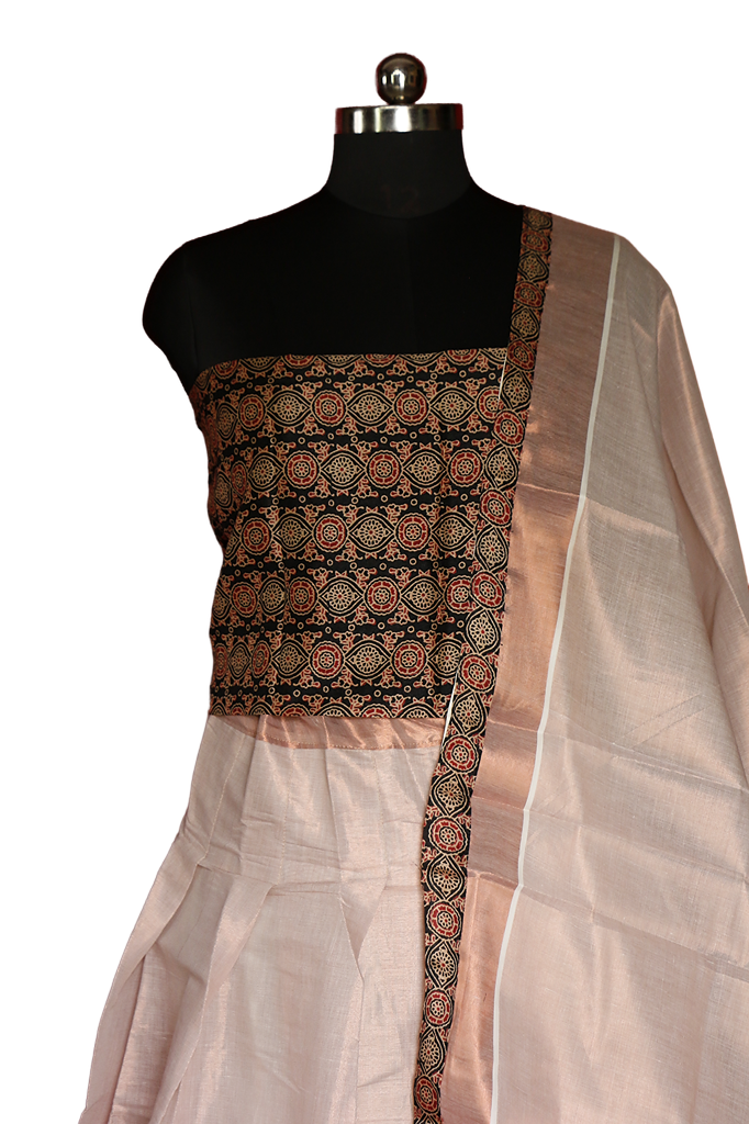 Ajrakh  Bordered Designed Kerala Copper Tissue Kasavu Half Saree/Dhavani Set