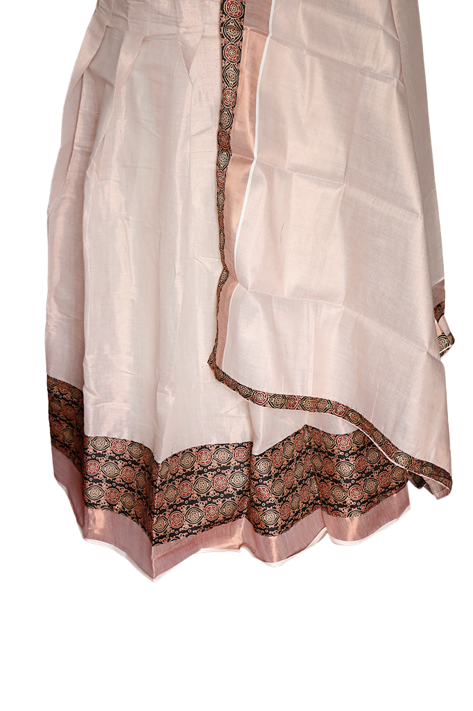 Ajrakh  Bordered Designed Kerala Copper Tissue Kasavu Half Saree/Dhavani Set