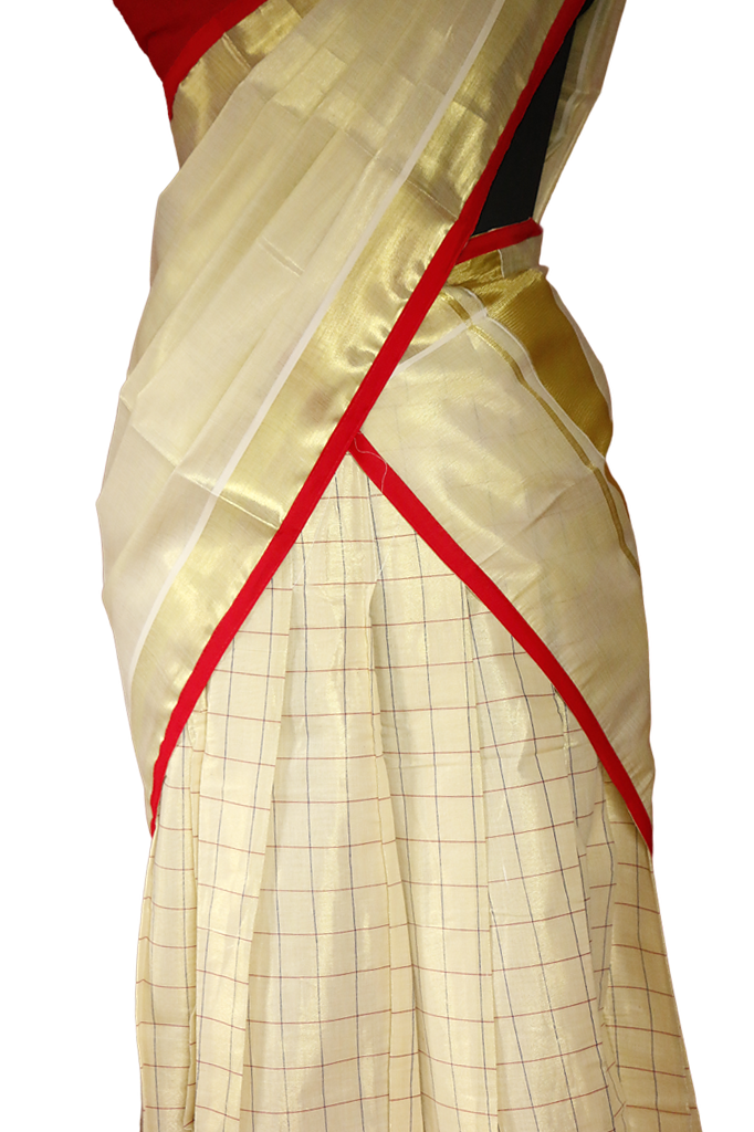 Checked Saffron Temple Bordered Kerala Tissue Kasavu Saree / Dhavani Set