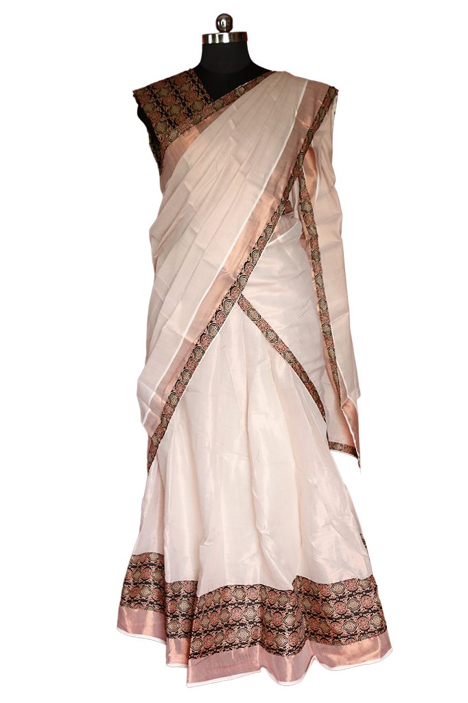 Ajrakh  Bordered Designed Kerala Copper Tissue Kasavu Half Saree/Dhavani Set