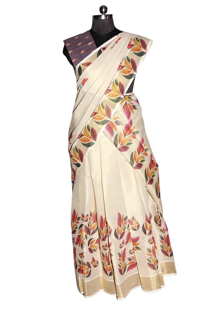 Multicolor Floral Printed , Designer Kerala Tissue Kasavu Half Saree / Dhavani Set