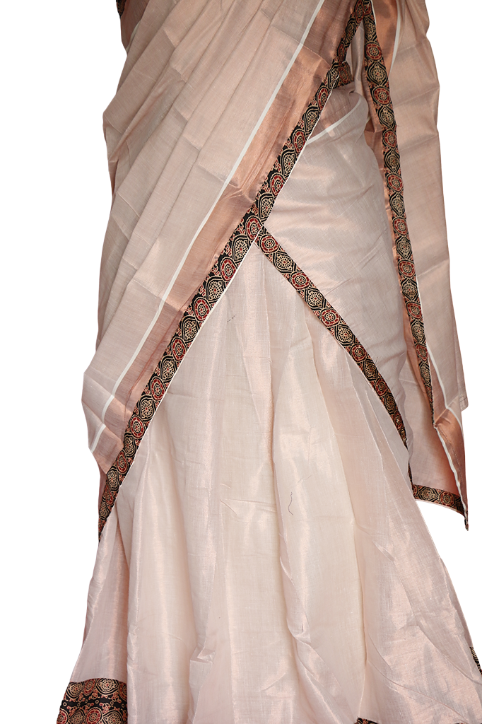 Ajrakh  Bordered Designed Kerala Copper Tissue Kasavu Half Saree/Dhavani Set