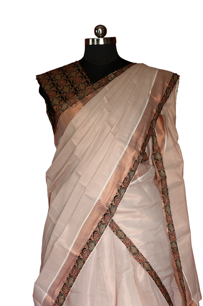 Ajrakh  Bordered Designed Kerala Copper Tissue Kasavu Half Saree/Dhavani Set