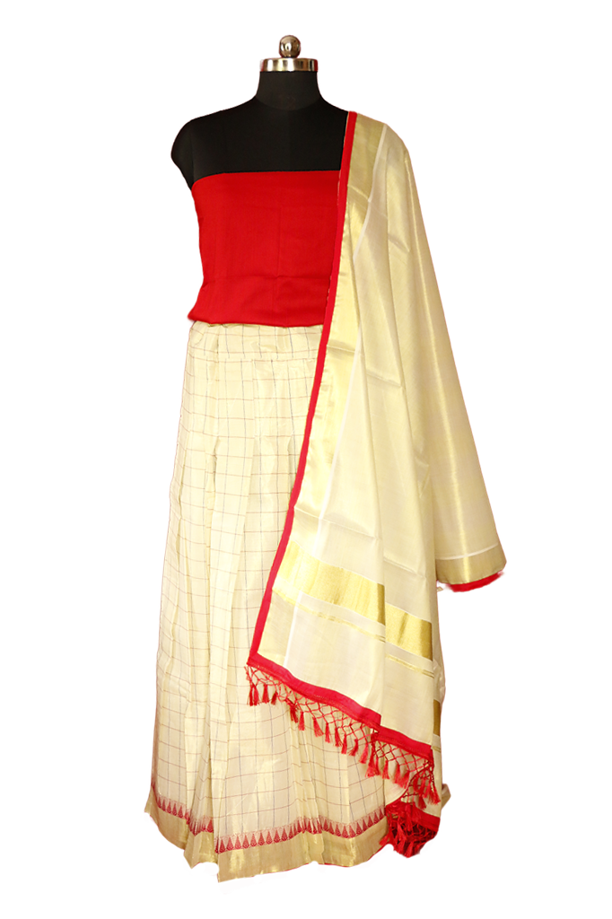 Checked Saffron Temple Bordered Kerala Tissue Kasavu Saree / Dhavani Set