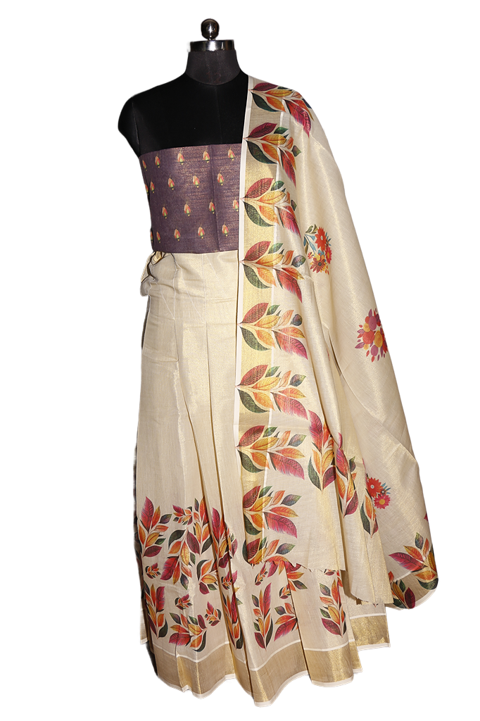 Multicolor Floral Printed , Designer Kerala Tissue Kasavu Half Saree / Dhavani Set