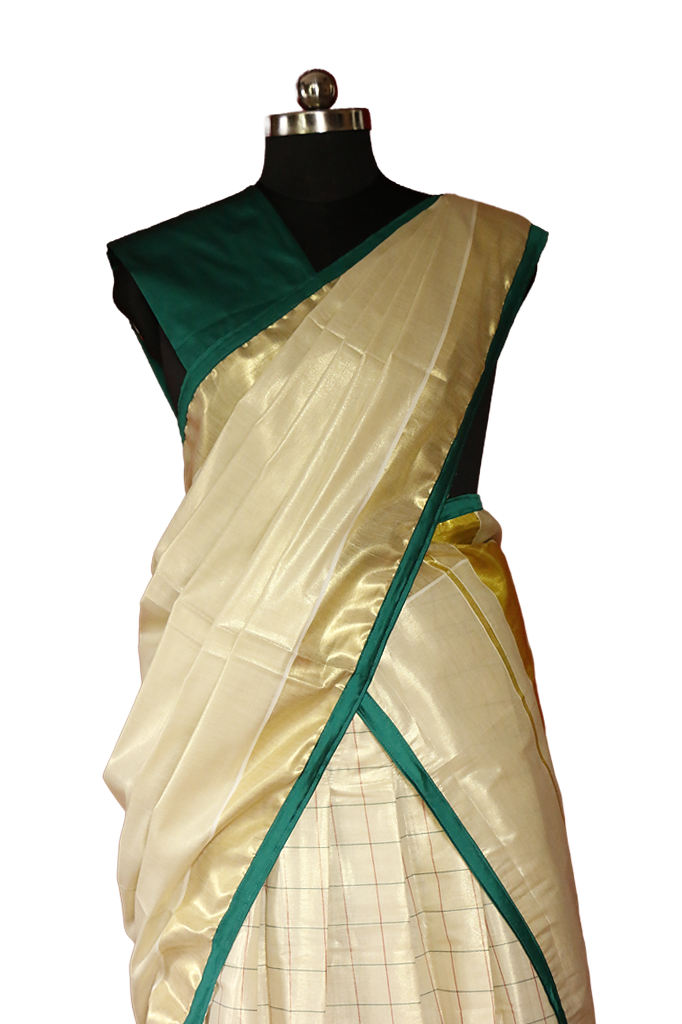 Checked Green Temple Bordered Kerala Tissue Kasavu Saree / Dhavani Set