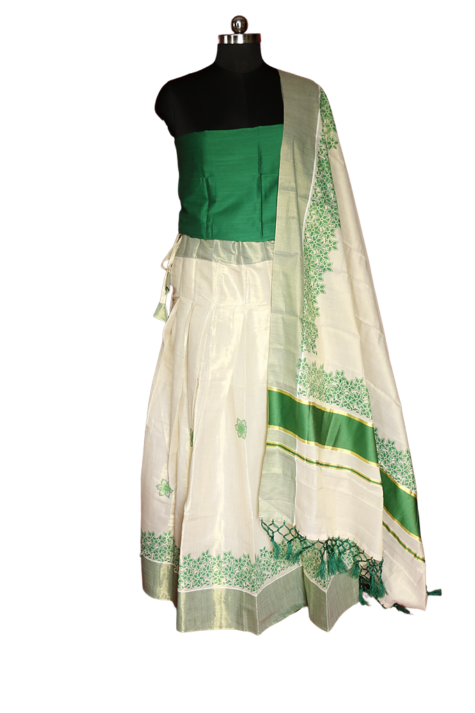 Green Floral Printed, Designer Kerala Tissue Kasavu Half Saree/Dhavani Set