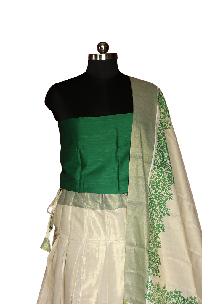 Green Floral Printed, Designer Kerala Tissue Kasavu Half Saree/Dhavani Set