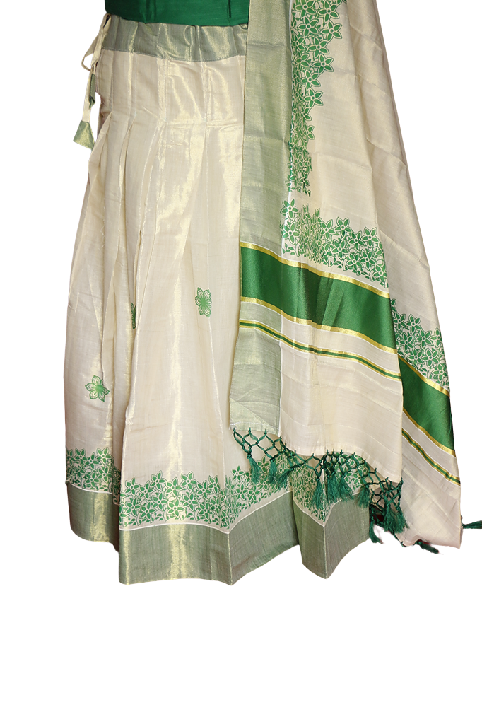 Green Floral Printed, Designer Kerala Tissue Kasavu Half Saree/Dhavani Set