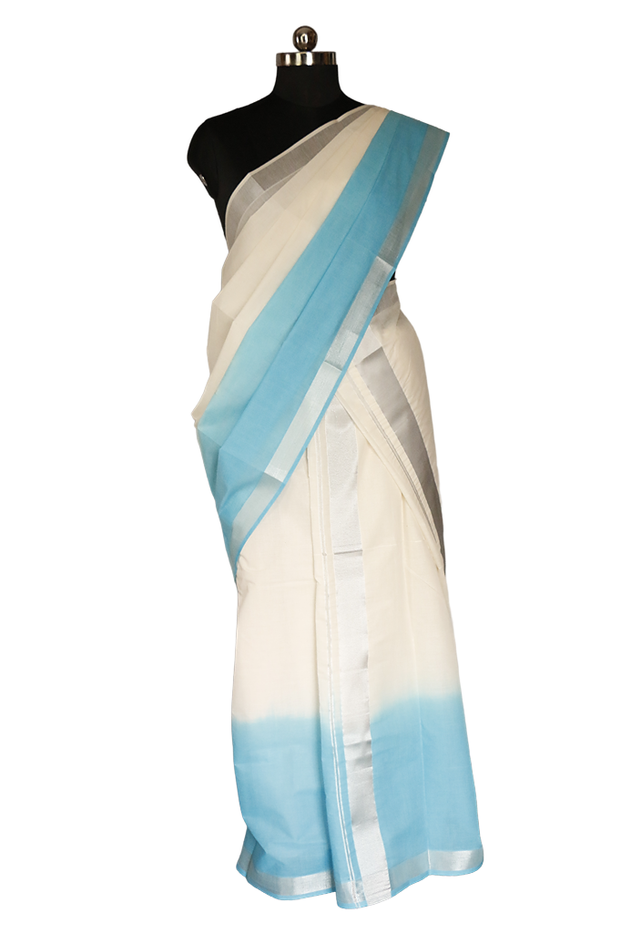 Tie & Dye Blue Designer Kerala Cotton Silver Kasavu Set Mundu