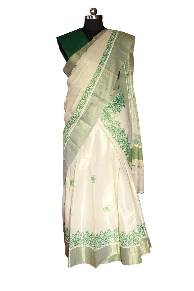 Green Floral Printed, Designer Kerala Tissue Kasavu Half Saree/Dhavani Set